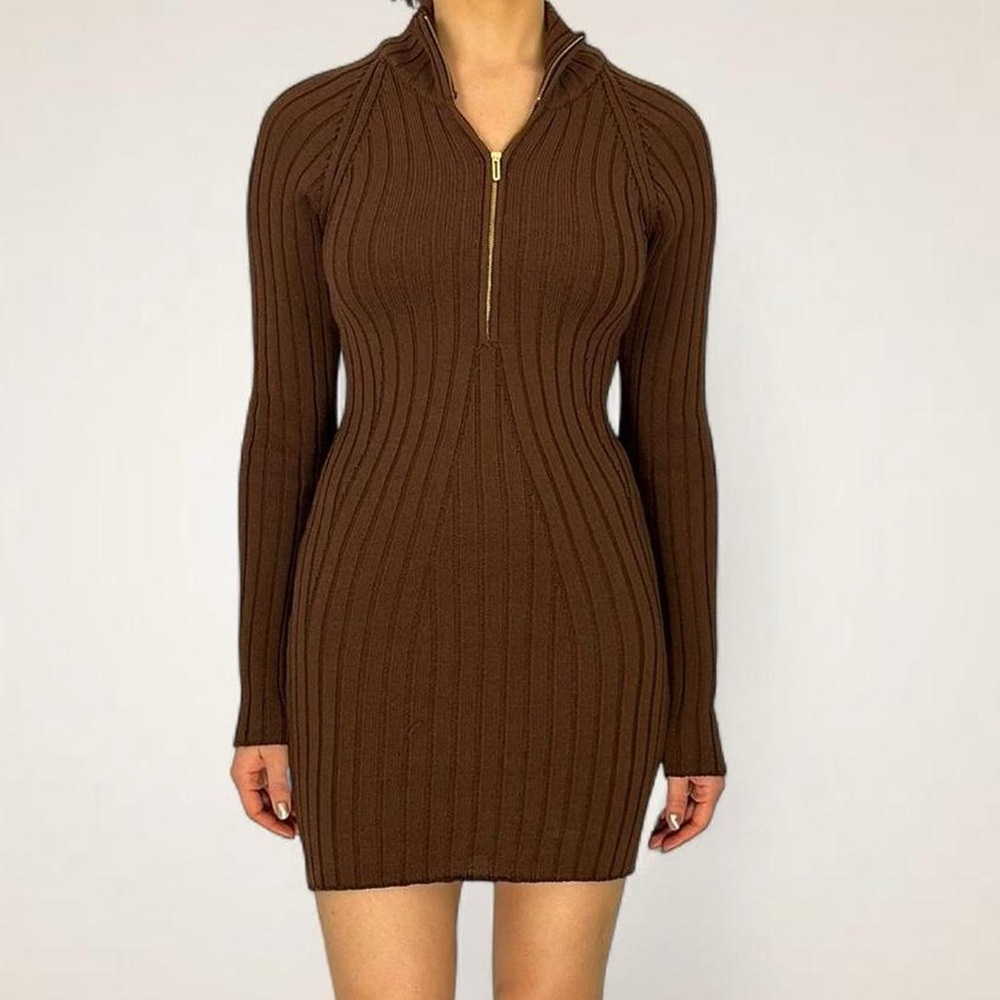 Pilcro Brown Ribbed Quarter Zip Sweater Dress